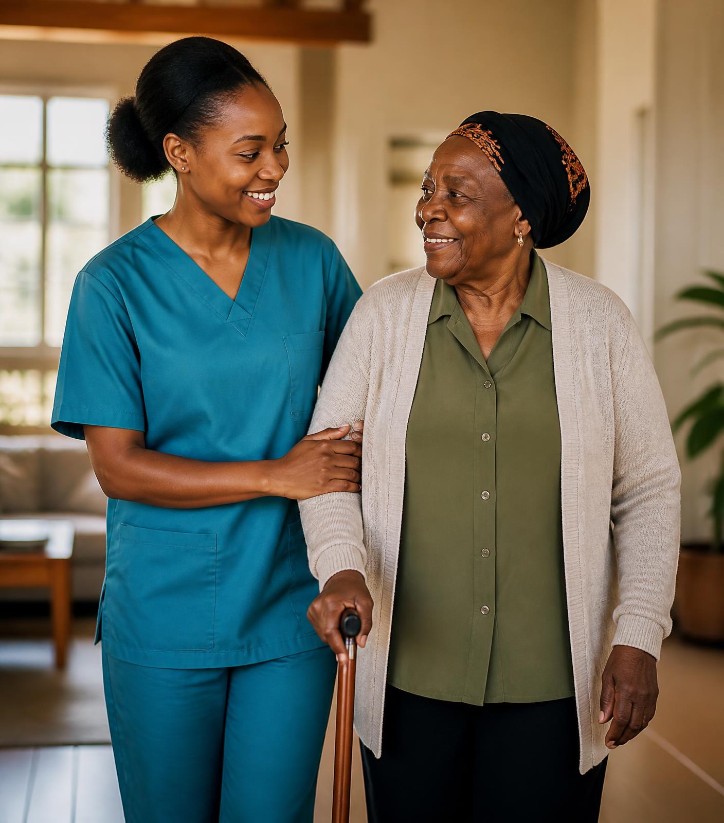 A caregiver supporting an elderly woman walking at home