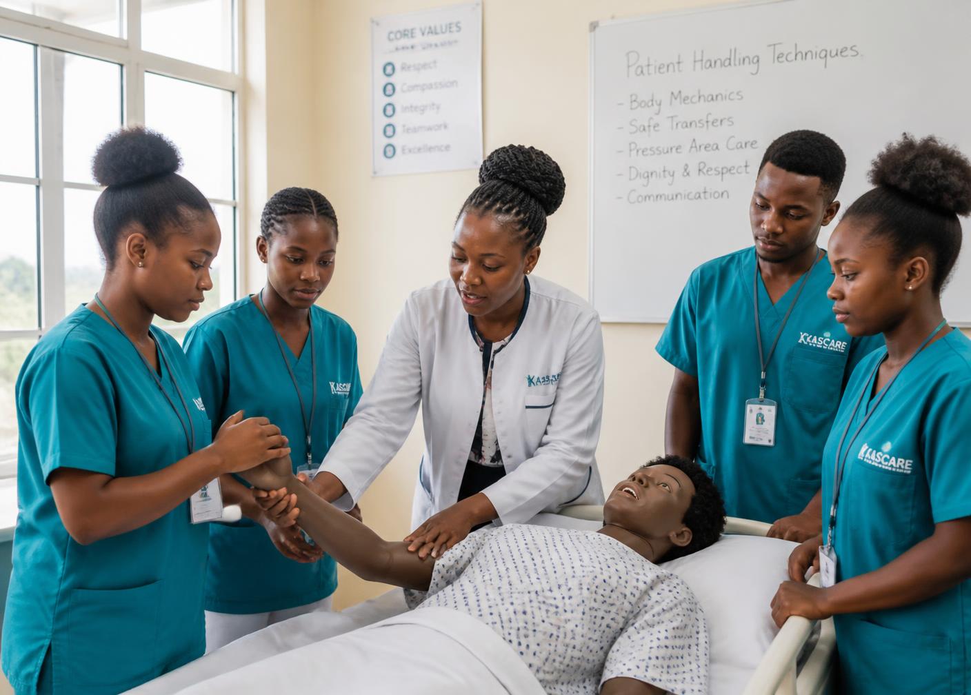 Caregiving trainees practising patient handling techniques with a trainer